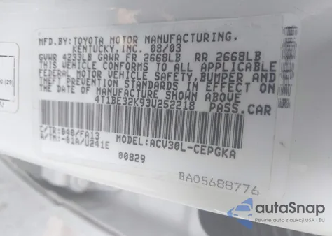 2003 Toyota Camry Le/Xle/Se from USA, damaged, VIN 4T1BE32K93U252218